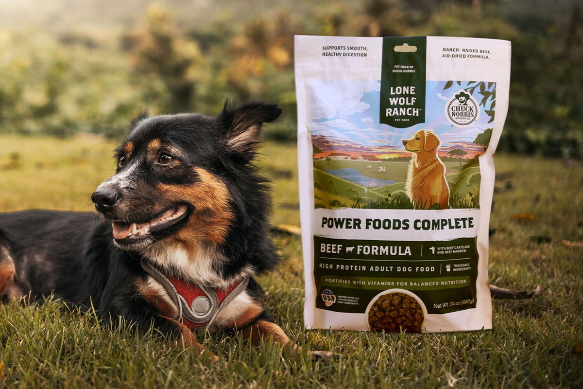 Dog eating Lone Wolf Ranch Pets' Power Foods Complete dog food